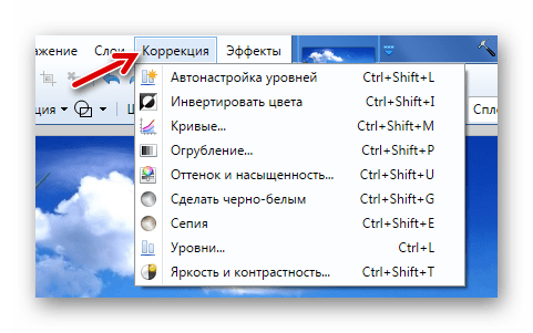 Меню вкладки Коррекция в Paint.NET