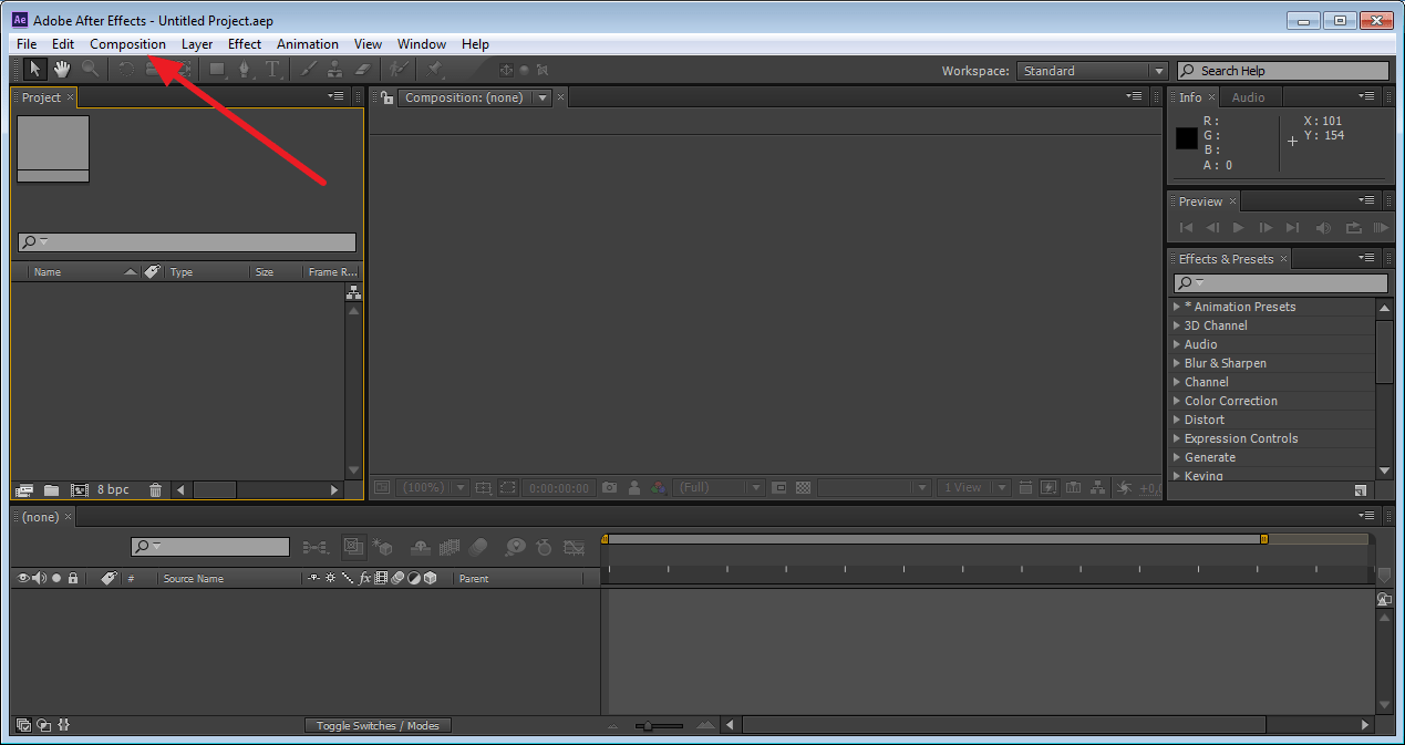 Создание новой композиции в Adobe After Effects