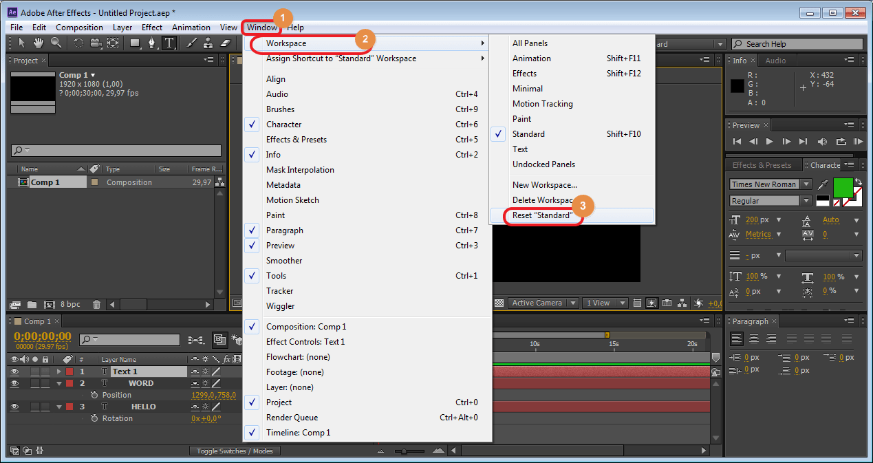 Сброс настроек до стандартных в Adobe After Effects