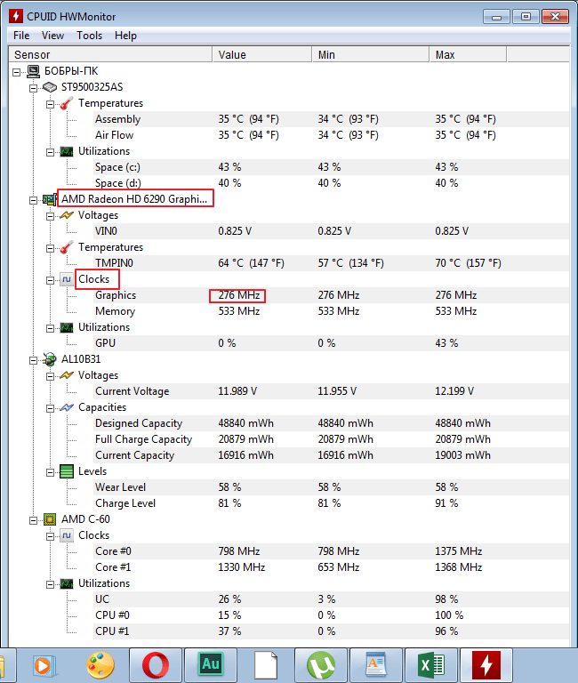 Частота видеокарты в программе HWMonitor