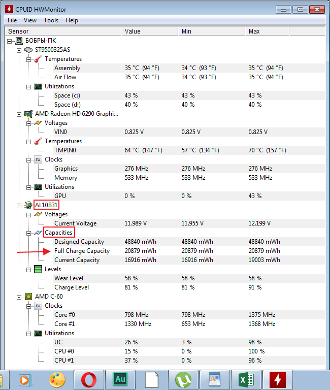 Мощность батареи в программе HWMonitor