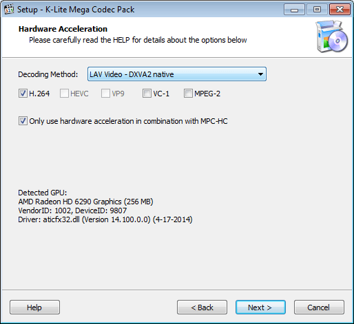 Hardware Acceleration пакета инструментов K-Lite Codec Pack