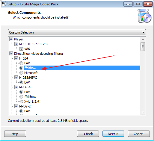 Выбор фильтра пакета инструментов K-Lite Codec Pack