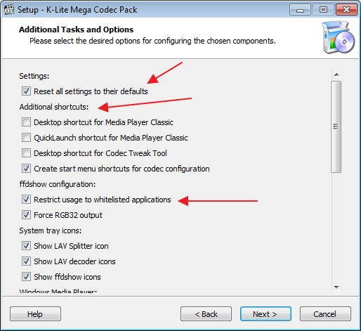 Воспроизведение белого списка пакета инструментов K-Lite Codec Pack
