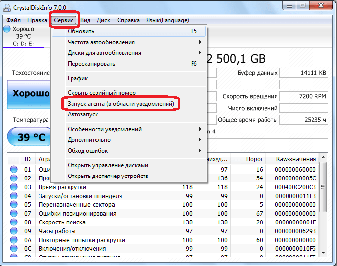 Запуск агента в программе CrystalDiskInfo
