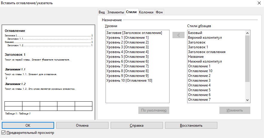 OpenOffice Writer. Вставка оглавления. Стили