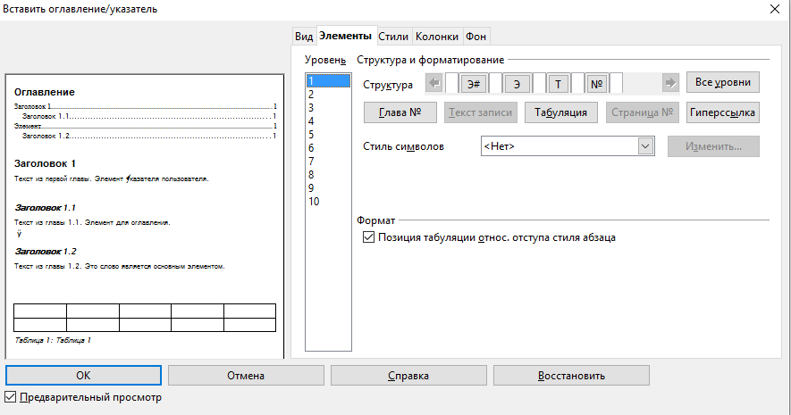 OpenOffice Writer. Вставка оглавления. Элементы