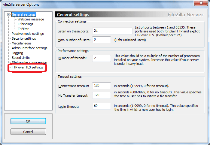 Переход в раздел FTP over TLS в программе FileZilla