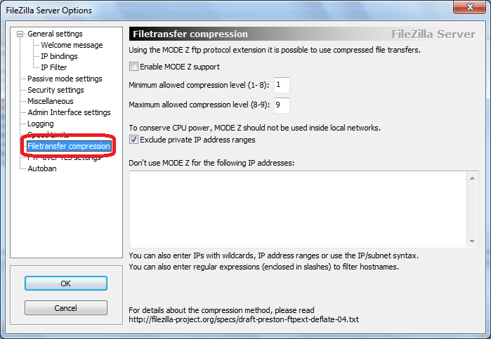 Filetransfer compression  программы FileZilla Server