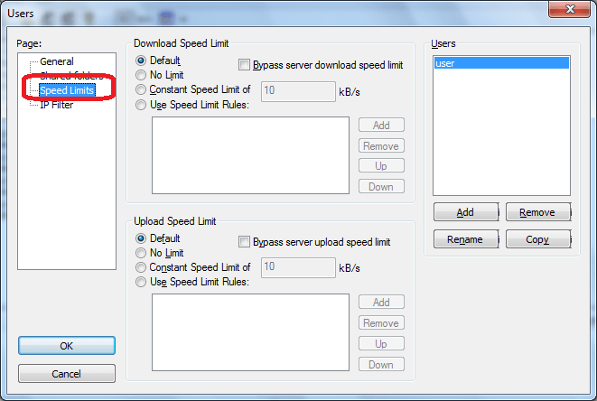Установка ограничения скорости в программе FileZilla Server