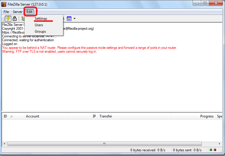 Переход в раздел настроек программы FileZilla Server