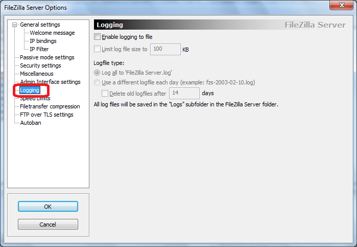 Logging программы FileZilla Server