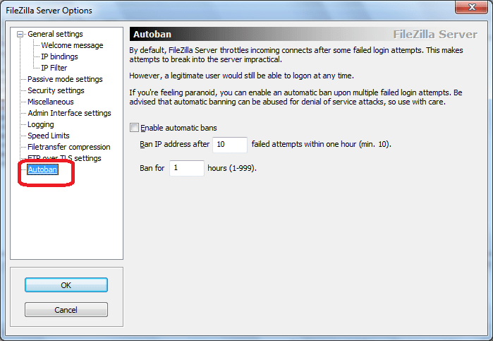 Autoban программы FileZilla Server