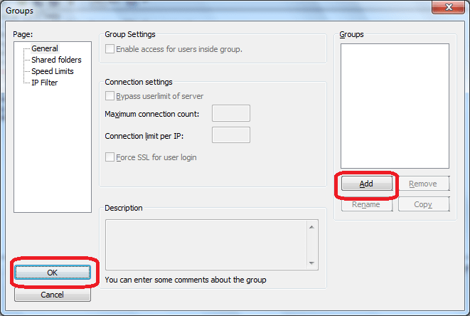 Редактирование групп в программе FileZilla Server