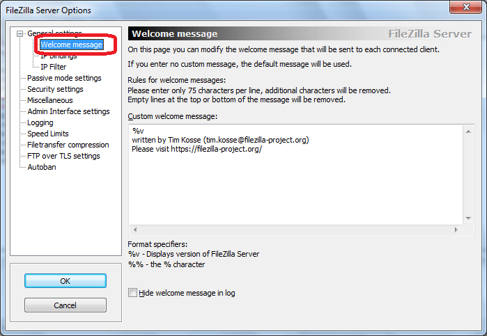 Welcome message программы FileZilla Server