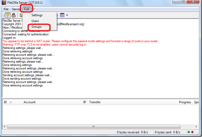 Переход в раздел редактирования групп пользователей в программе FileZilla Server