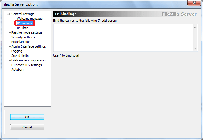 IP bindins программы FileZilla Server