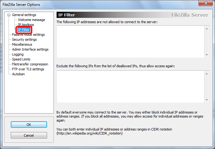 IP Filter программы FileZilla Server