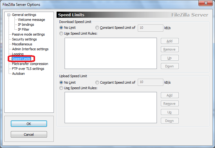 Speed Limits программы FileZilla Server