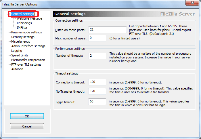 Generall Settings программы FileZilla Server