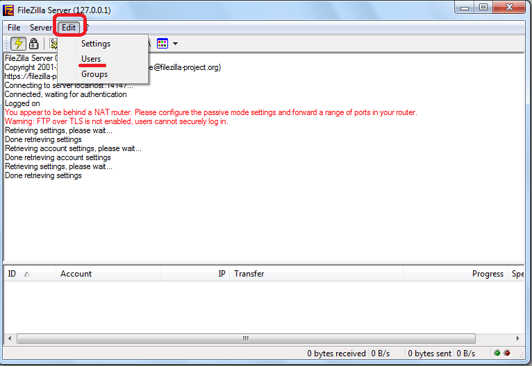Переход в раздел настроек управления пользователями программы FileZilla Server