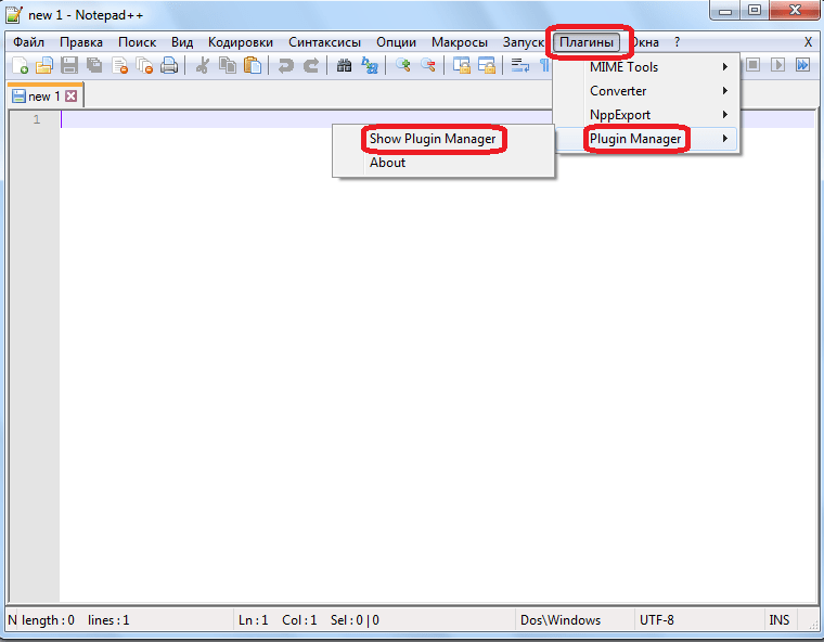 Переход в Менеджер плагинов в программе Notepad++