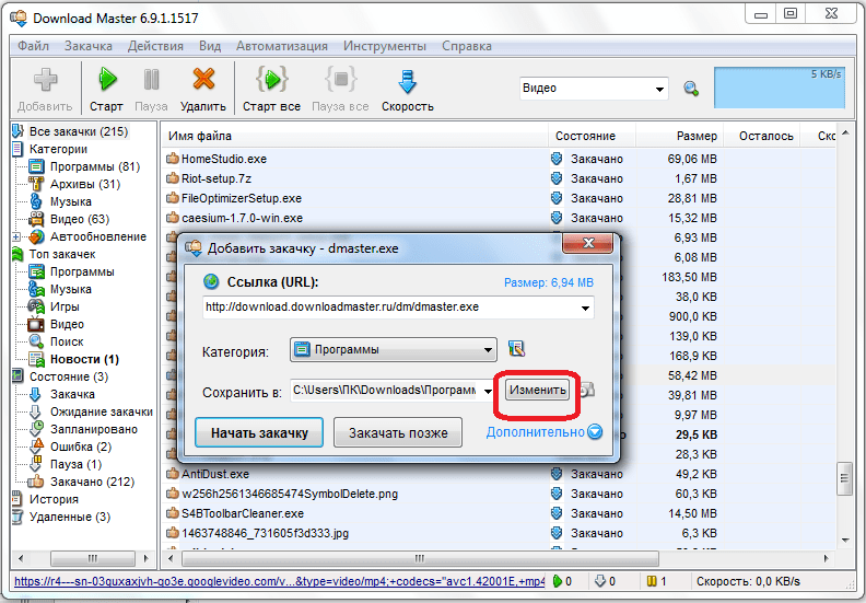 Настройка закачки в программе Download Master