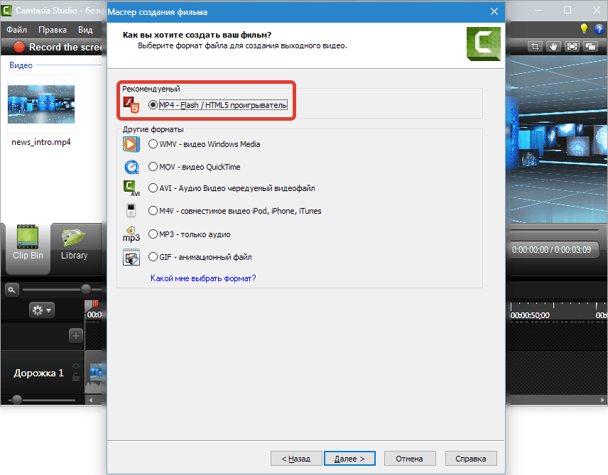 Выбор формата Camtasia Studio 8