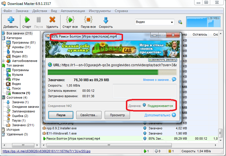 Закачка видео с сервиса YouTube в программе Download Master
