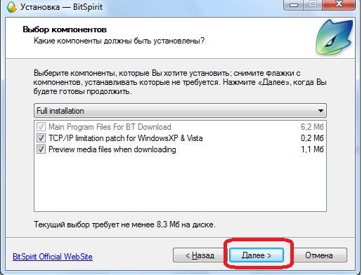 Выбор компонентов при установке программы  BitSpirit