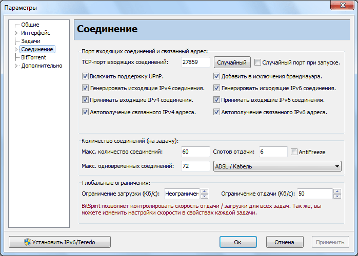 Настройки соединения программы BitSpirit