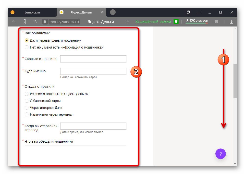 Указание дополнительной информации при создании обращения в поддержку Яндекс.Денег