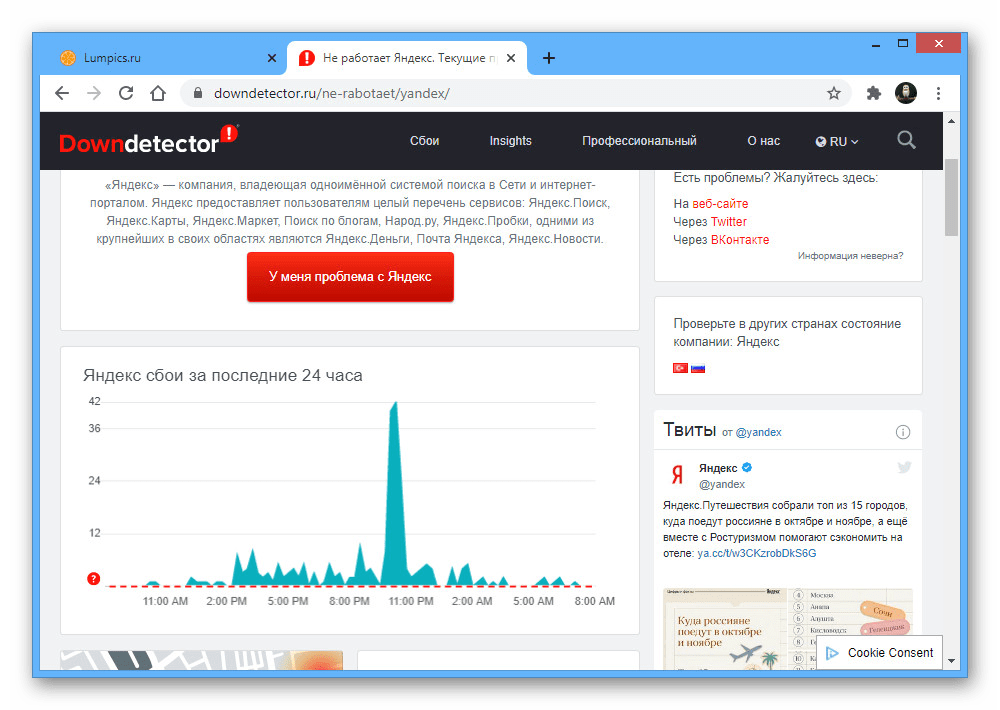 Просмотр статистики сбоев Яндекса на сайте Downdetector