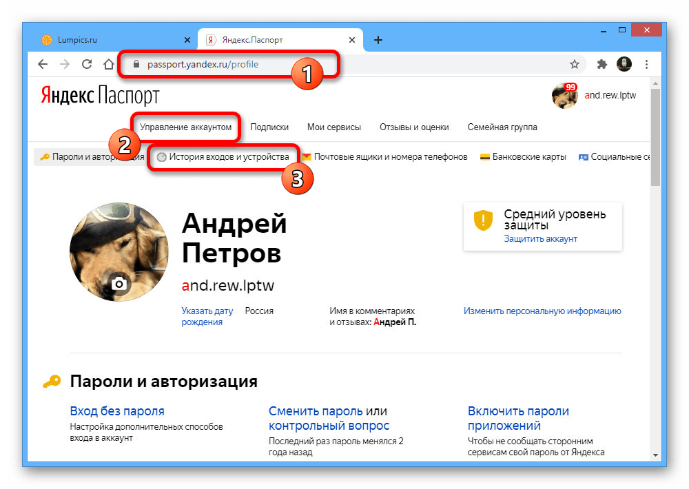 Переход к истории входов и устройств в настройках на сайте Яндекс