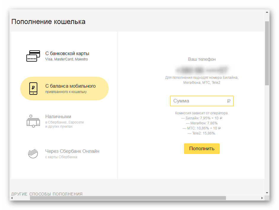 Пополнение кошелька в системе Яндекс Деньги