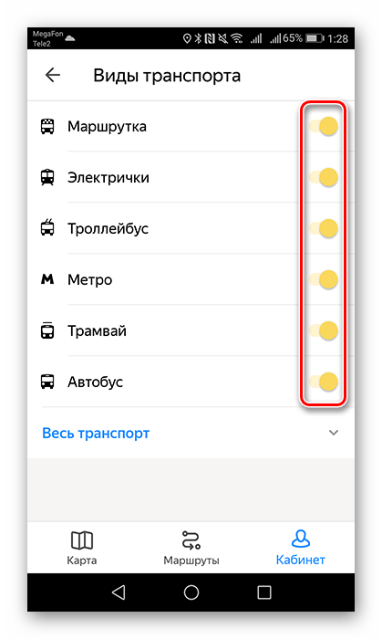 Выбор отображаемых на карте Видов транспорта