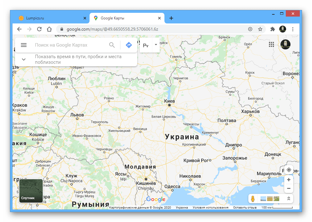 Пример интерфейса на веб-сайте Google Maps