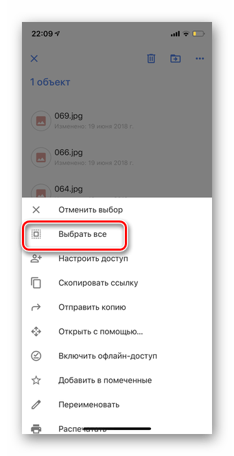 Нажмите выбрать все для предварительной очистки в мобильной версии iOS Гугл Диска