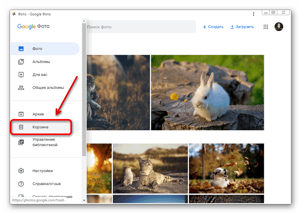 Переход к разделу Корзина через главное меню на сайте сервиса Google Фото