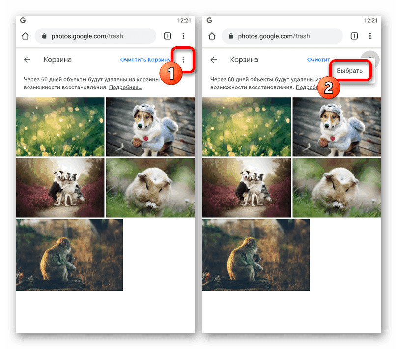 Переход к выбору изображений в корзине на мобильном сайте Google Фото