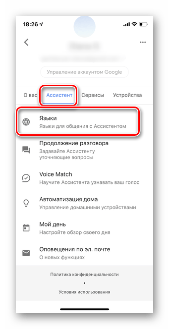 Перейдите в раздел Ассистент далее язык для настройки мобильной версии Гугл Ассистент iOS