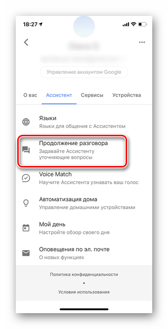 Выберите раздел Продолжение разговора для настройки мобильной версии Гугл Ассистент iOS