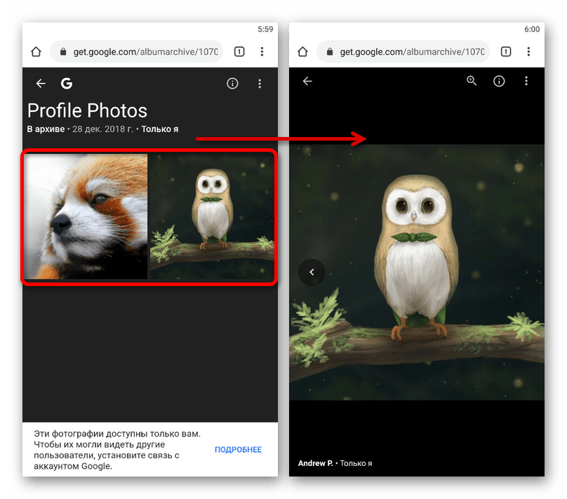 Выбор фотографии профиля для удаления в Архиве альбомов Google на телефоне