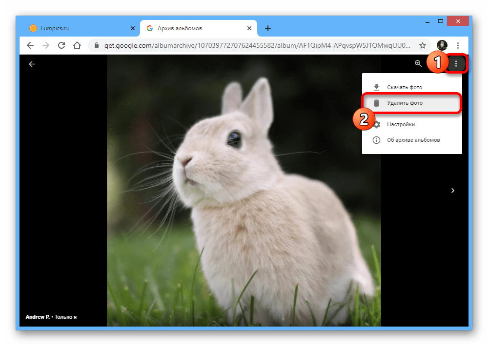 Процесс удаления фотографии профиля в Архиве альбомов Google на ПК
