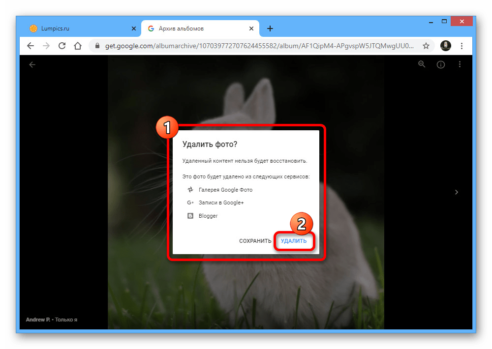 Подтверждение удаления фото профиля в Архиве альбомов Google на ПК