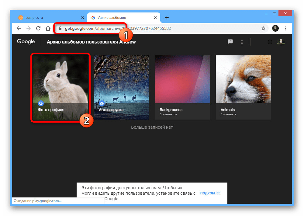 Переход к папке Фото профиля в Архиве альбомов Google на ПК