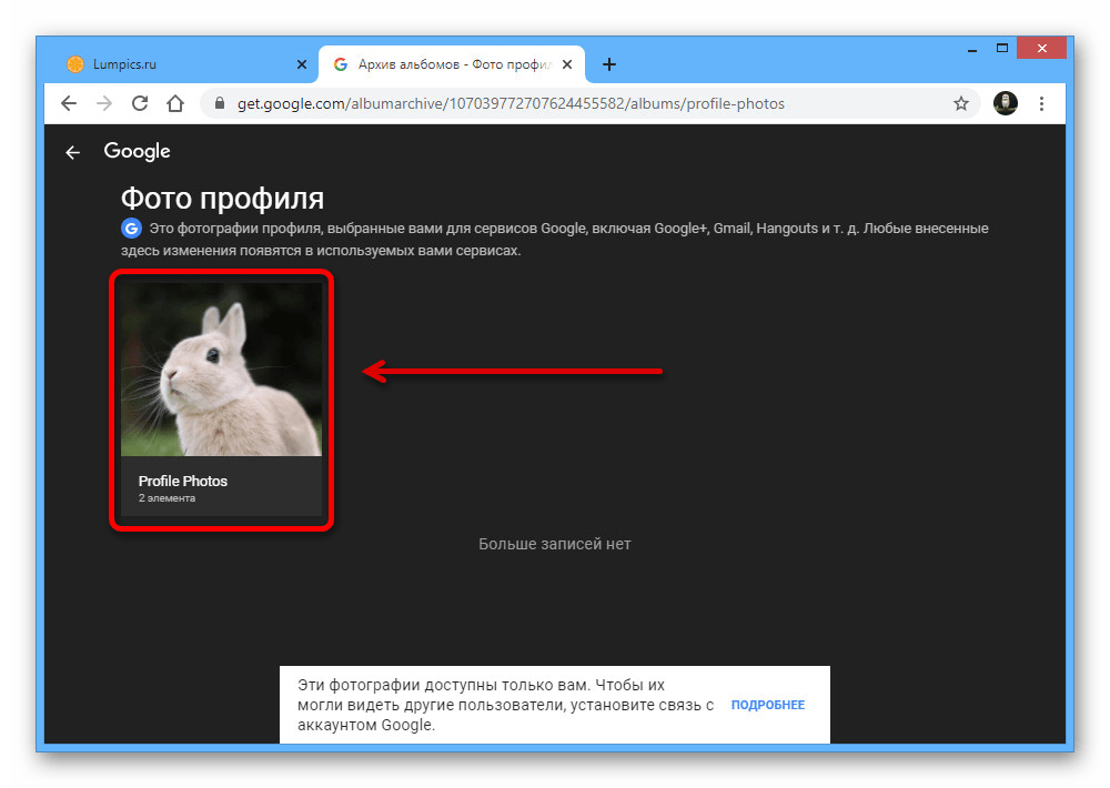Переход к папке Profile Photos в Архиве альбомов Google на ПК