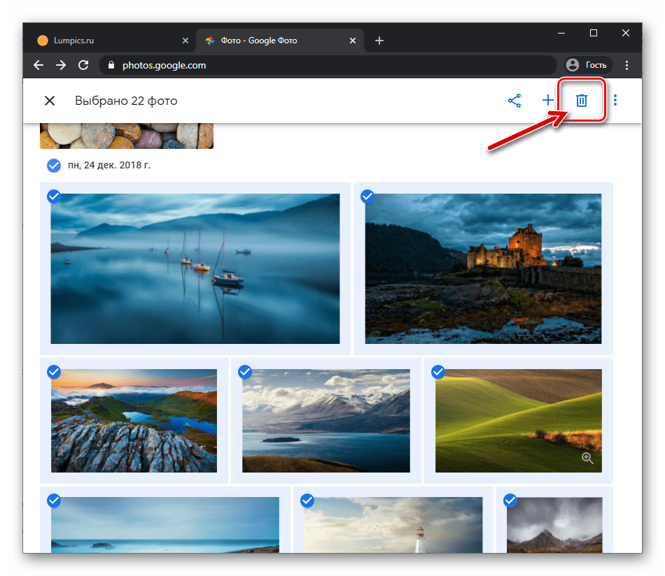 Веб-версия Google Фото удаление изображений из сервиса с ПК
