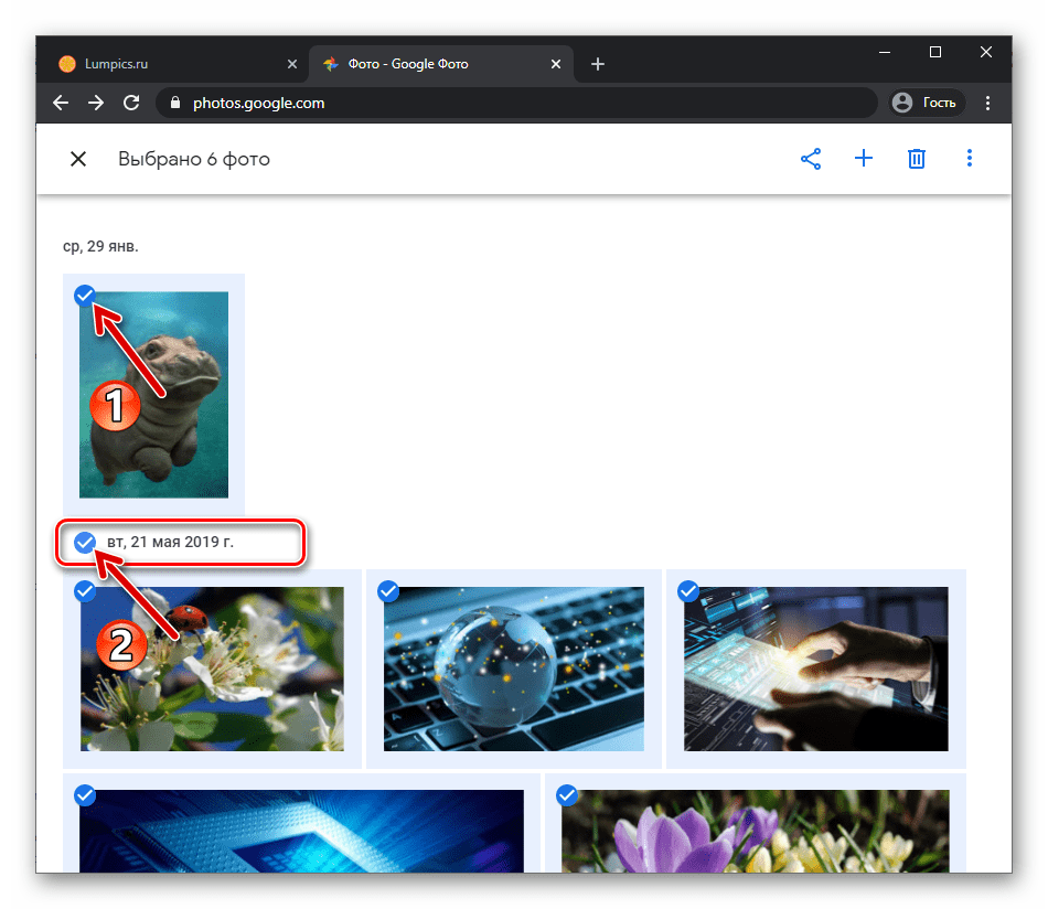 Веб-версия Google Фото установка отметок на нескольких или множестве фотографий