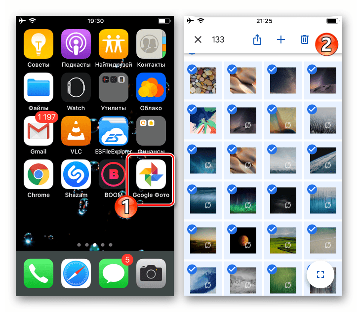 Google Фото для iOS выбор изображений, которые нужно сохранить в памяти девайса